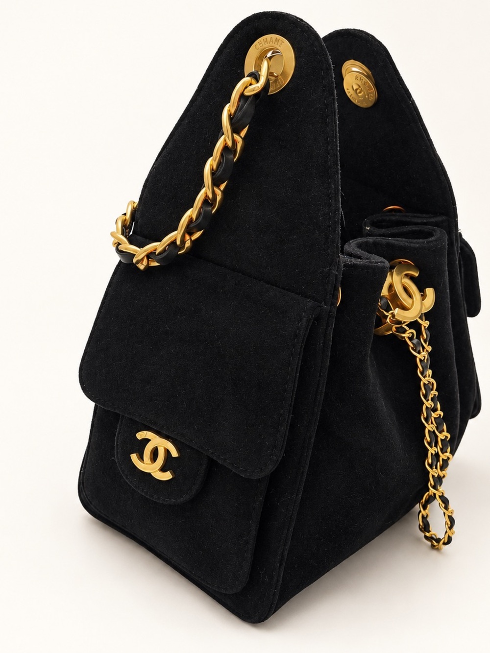 CHANEL Black Suede Shoulder Bag with Gold Chain and CC Logo